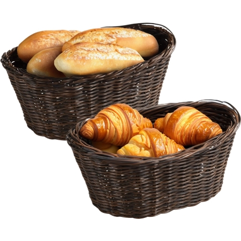 Brood/fruit mandje - 2x - gevlochten kunststof - donkerbuin - ovaal - L28 x B21 x H13 cm - broodmand -