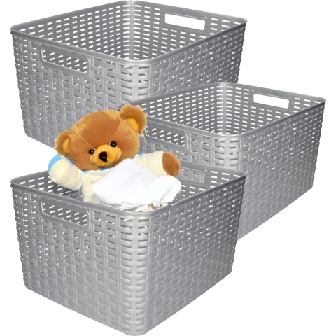 Opbergmand - 3x - Kastmand - rotan kunststof - zilver - 28 Liter - 34 x 40 x 23 cm -
