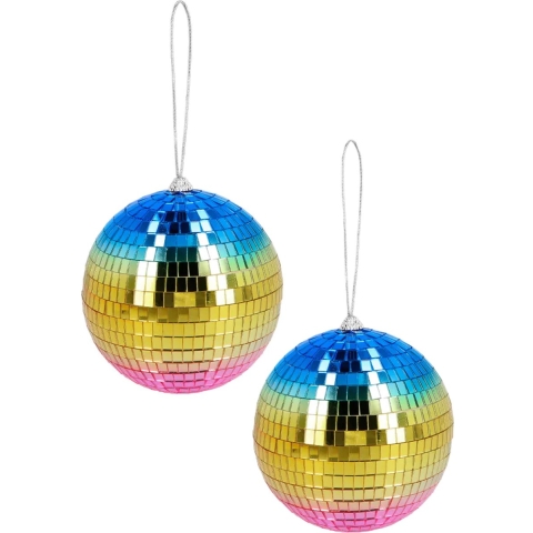Disco spiegel bal - 2x - rond - regenboog - Dia 15 cm - Seventies/eighties thema versiering -