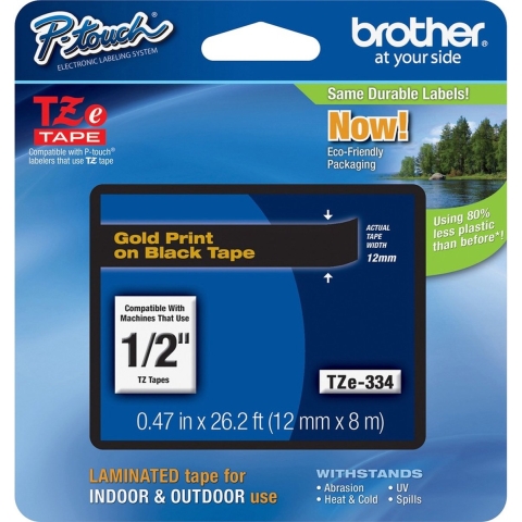 Brother TZe-334 Labeltape PET Tapekleur: Zwart Tekstkleur: Goud 12 mm 8 m