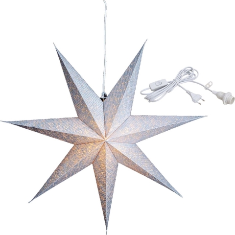 Kerstversiering zilveren papier decoratie kerststerren 60 cm inclusief witte lichtkabel -