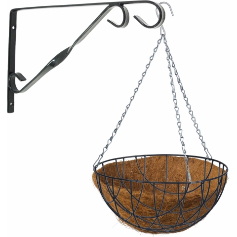 Hanging basket 30 cm met klassieke muurhaak groen en kokos inlegvel - metaal - complete hangmand set -