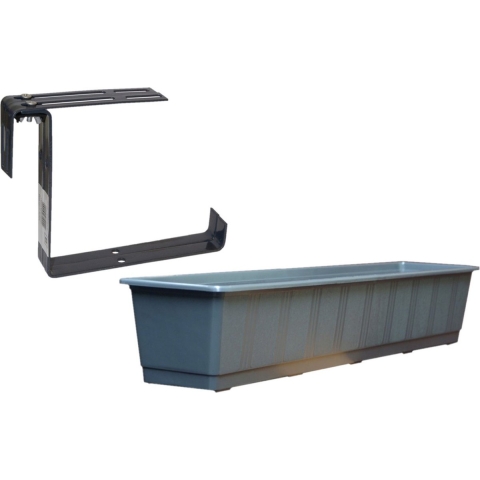 Kunststof plantenbak antraciet grijs rechthoekig 80 cm met 2 verstelbare railing beugels -