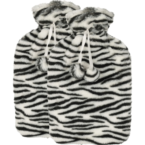 Warmwaterkruik - 2x - met zachte dierenprint hoes - wit/zwart - 1,75L - kruik -