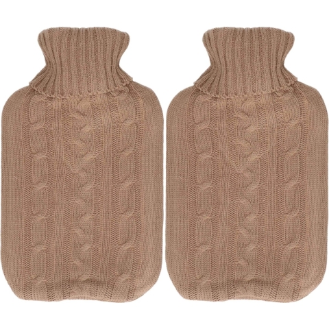 Warmwaterkruik - 2x - met zacht gebreide hoes - bruin - 1,75L - kruik -