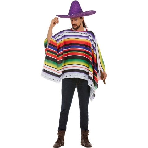 Carnaval verkleed set Mexicaan - gekleurde one size poncho - Sombrero hoed paars dia 59 cm One size -