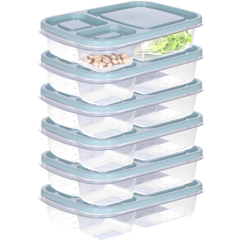 Vershoudbakje/lunchbox - 6x - luchtdicht - 3 vakjes - lichtgroen - kunststof - broodtrommel - 24 x 1 -