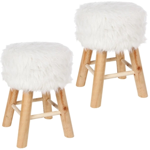 Bijzet krukje/zit krukje Oslo - 2x - houten onderstel/fluffy stof - wit - D30 x H42 cm -