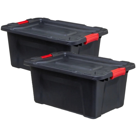 5Five opbergbox/opbergkrat - 2x - 100 Liter - zwart - kunststof - L75 x B51 x H38 cm - stapelbaar -