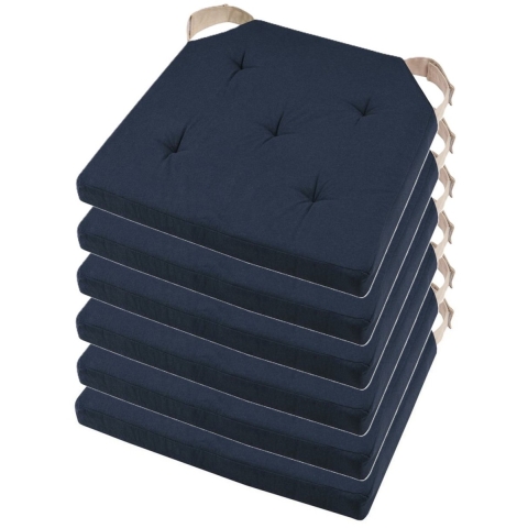 Stof Textile stoelkussen DUO - 6x - donkerblauw - 38 x 38 x 4 cm - klittenband sluiting -