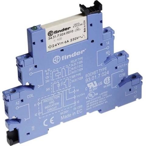 Finder 38.51.0.024.0060 Relaismodule Nominale spanning: 24 V/DC, 24 V/AC Schakelstroom (max.): 6 A 1x wisselcontact 1 stuk(s)