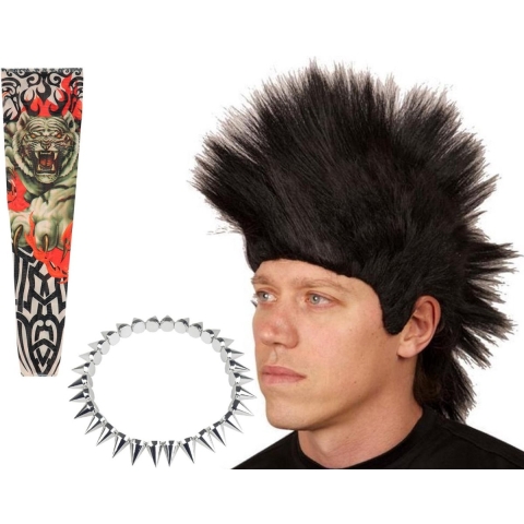 Carnaval verkleed setje heren punker - hanekam pruik - spikes ketting - tattoo sleeves -