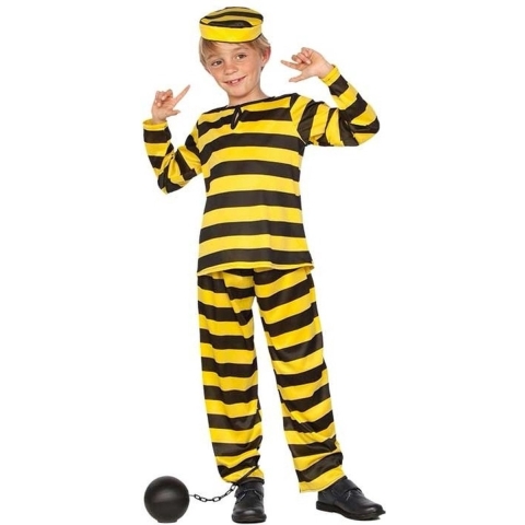 Carnaval verkleedkleding boevenpak - geel/zwart - kinderen - gevangene kostuum -boef 110-122 (4-6 jaar) -