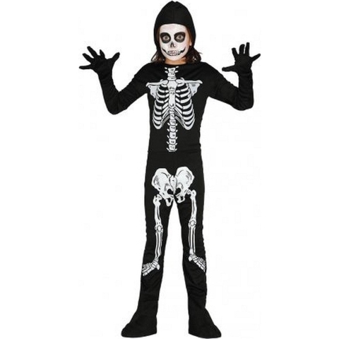 Halloween verkleedkleding kostuum kinderen - skelet jumpsuit - zwart - botten 140-152 (10-12 jaar) -
