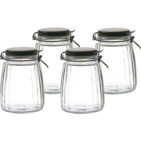 Weckpot/inmaakpot - 4x - 1,5L - glas - met beugelsluiting - mat zwarte deksel -