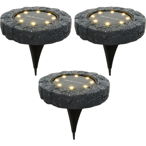 Solar grond prikspot/tuinspot led - 3x - kunststeen - steengrijs - 11 x 2 cm - warm wit -