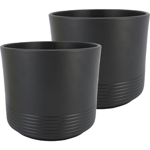 Bloempot/plantenpot Rille - 2x - ribbel - antraciet - voor kamerplant - D16.5 x H14.5 cm -