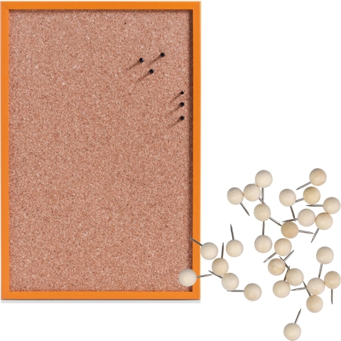 Prikbord incl. 25x punaises - 40 x 60 cm - hout - oranje - kurk -