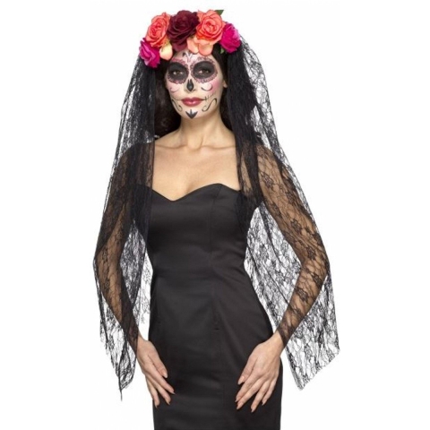 Day of the dead haarband - met bloemen en sluier - halloween - horror - diadeem -