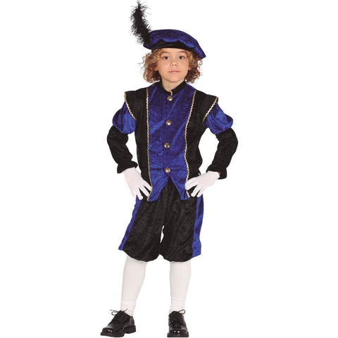 Pietenpak roetveeg Piet - blauw/zwart - pieten verkleed kostuum 3-delig - kinderen 7-9 jaar (122-134) -