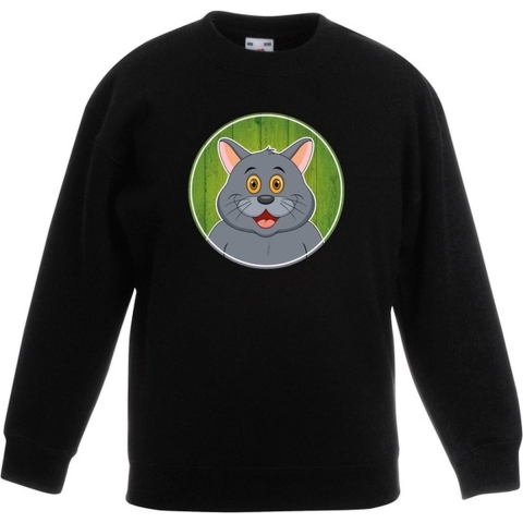 Sweater zwart met grijze kat kinderen 7-8 jaar (122/128) -