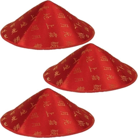 Set van 3x aziatische/chinese hoedje rood met gouden tekens/letters -