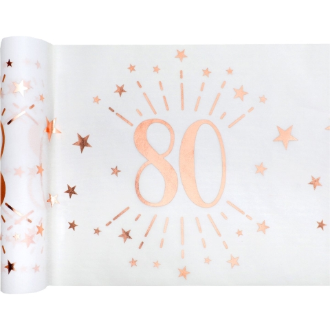 Tafelloper op rol - 2x - 80 jaar verjaardag - wit/rose goud - 30 x 500 cm - polyester -