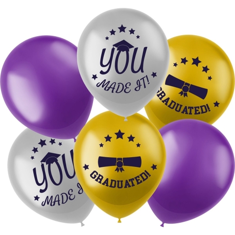 Ballonnen geslaagd thema - 24x - goud/zilver/paars - latex - 33 cm - diploma examenfeest versiering -