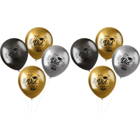 Ballonnen geslaagd thema - 16x - goud/zilver/grijs - latex - 33 cm - diploma examenfeest versiering -