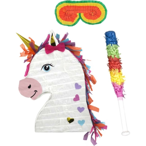 Verjaardag Pinata Unicorn/eenhoorn van 42 x 30 cm - set met stok en masker -