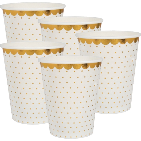 Feest wegwerp bekertjes - stippen - 50x stuks - 270 ml - wit/goud - karton -