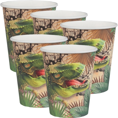 Feest wegwerp bekertjes - dinosaurus - 50x stuks - 270 ml - bruin/groen - karton -