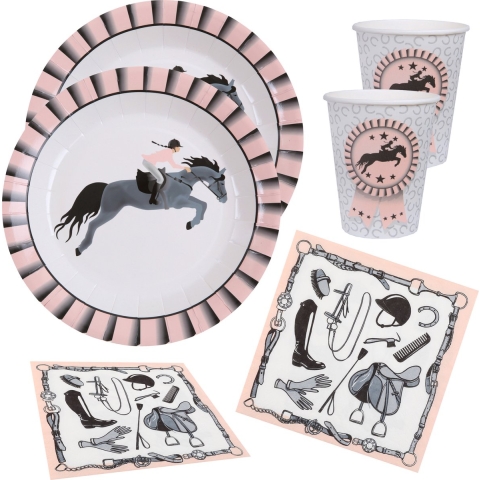 Paarden thema feest wegwerp servies set - 20x bordjes / 20x bekers / 20x servetten - grijs/roze -
