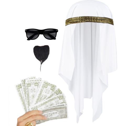 Carnaval verkleed set Arabier/Sjeik - hoofddoek - baardje - zonnebril - 75x nep dollars -