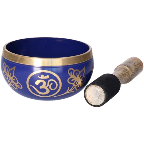 Tibetaanse klankschaal met oosterse print - blauw - met aanstrijkhout - messing - D12 x H7 cm -