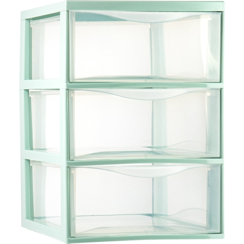 Ladeblokje/bureau organizer met 3x lades - transparant/lichtgroen - L26 x B37 x H37 cm - plastic -