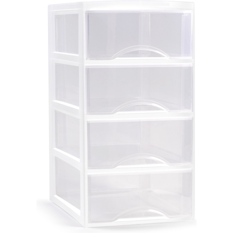 Ladeblokje/bureau organizer met 4x lades - transparant/wit - L26 x B37 x H49 cm - plastic -