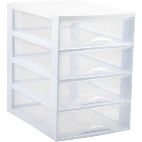 Ladekastje bureau organizer - 4x lades - wit/transparant - L26 x B35 x H36 cm - kunststof -