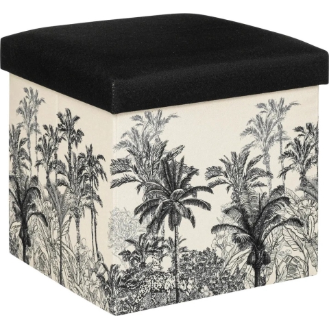 Poef/krukje/hocker Palmtrees - Opvouwbare zit opslag box - creme wit/zwart - D39 x H39 cm -