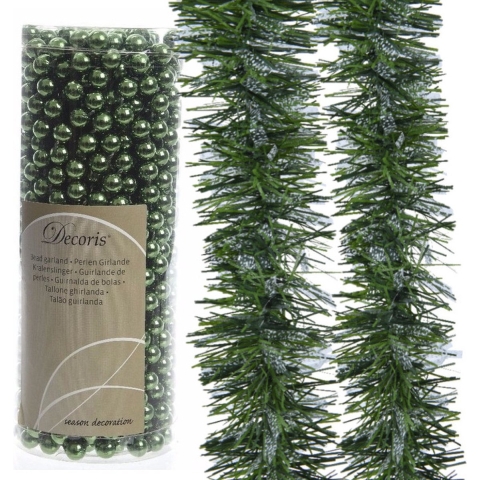 Kerstslingers -set 3x st -kralenslinger en folieslingers -donkergroen - kunststof -