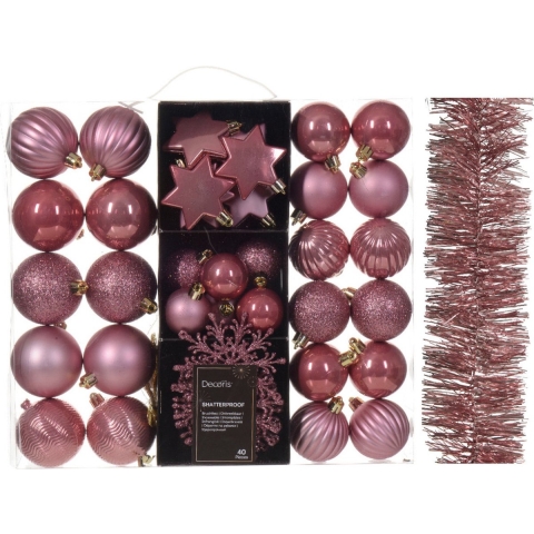 Kerstversiering set - oudroze - kerstballen, ornamenten en folie slinger - kunststof -