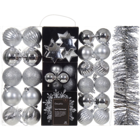 Kerstversiering set - zilver - kerstballen, ornamenten en folie slinger - kunststof -