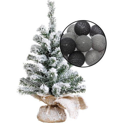 Mini kerstboompje met sneeuw -incl. verlichting bollen zwart/grijs- H45 cm -
