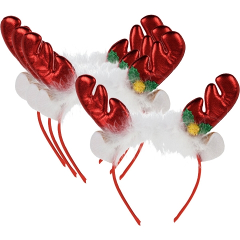 Kerst diadeems/haarbanden - 4x - rendier gewei met oren - rood - polyester - accessoires -