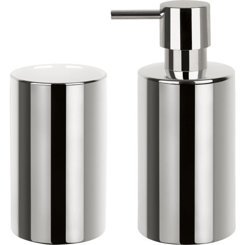 Badkamer accessoires set - zeeppompje/drinkbeker - porselein - zilver -