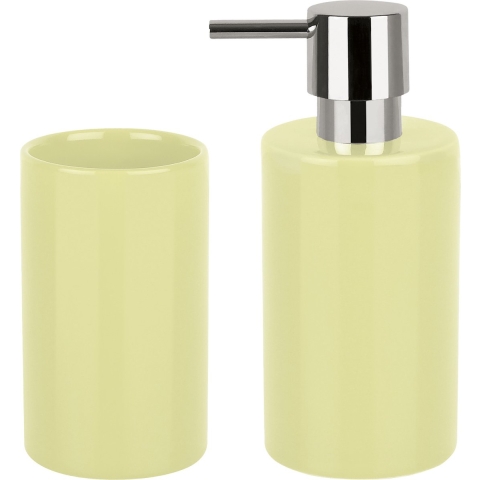 Badkamer accessoires set - zeeppompje/drinkbeker - porselein - geel -