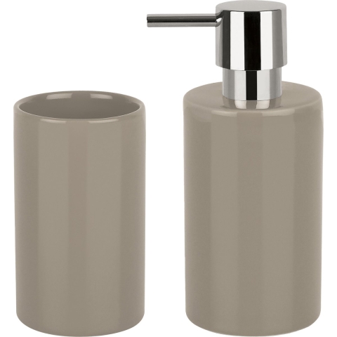 Badkamer accessoires set - zeeppompje/drinkbeker - porselein - beige -
