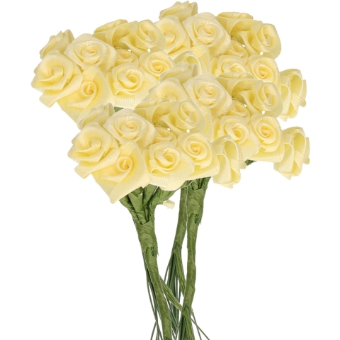 Decoratie roosjes satijn - 10x - bosje van 12 st - zacht geel - 12 cm - hobby/DIY bloemetjes -