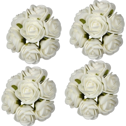 Decoratie roosjes foam - 6x - bosje van 7 st - wit - Dia 6 cm - hobby/DIY bloemetjes -