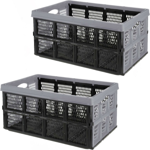 Vouwkrat/boodschappenkrat - 2x - 32 liter - zwart/grijs - kunststof - 48 x 35 x 24 cm -